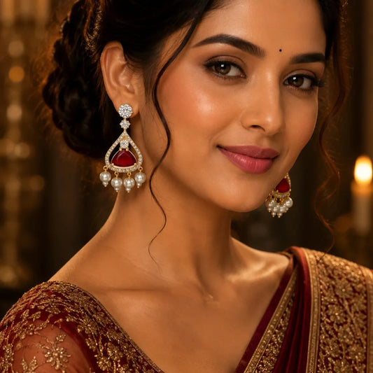 Royal Red Stone Pearl Drop Earrings for Women | American Diamond Party Wear Earrings