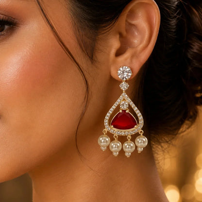 Royal Red Stone Pearl Drop Earrings for Women | American Diamond Party Wear Earrings - GEHNA OFFICIAL
