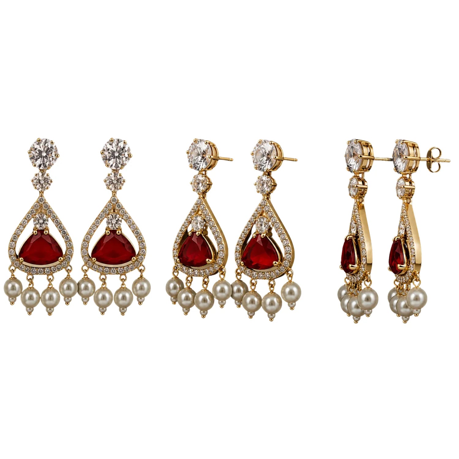 Royal Red Stone Pearl Drop Earrings for Women | American Diamond Party Wear Earrings