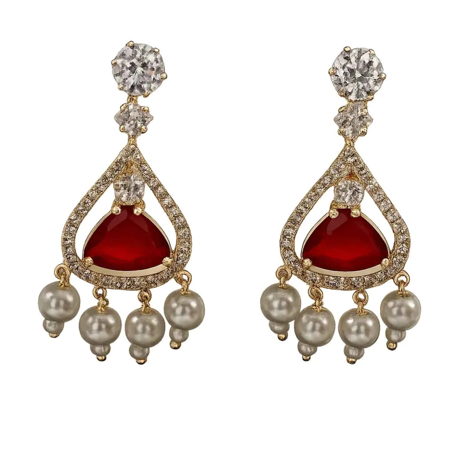 royal red stone pearl drop earrings for women | american diamond party wear earrings - gehna official