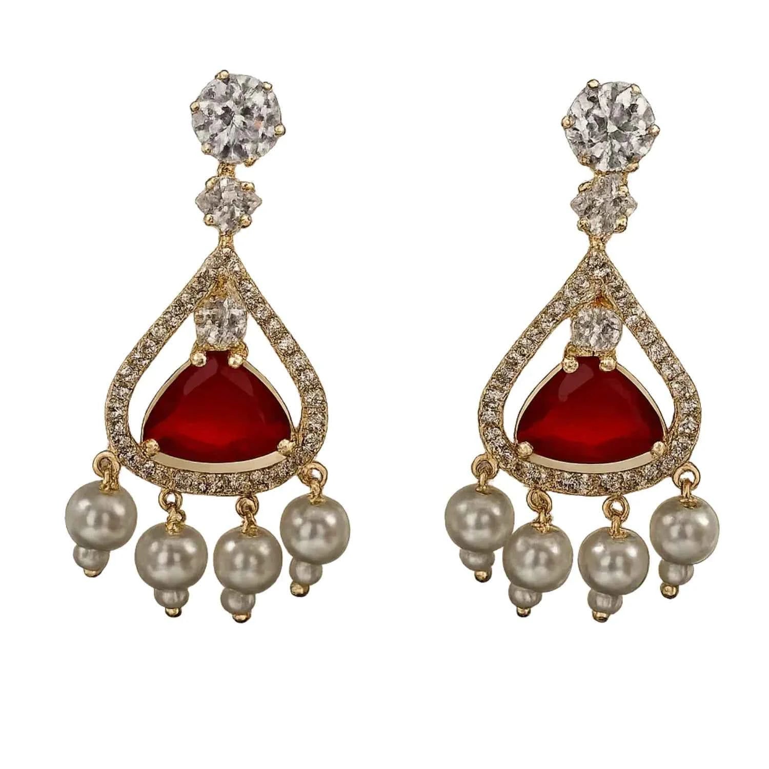 Royal Red Stone Pearl Drop Earrings for Women | American Diamond Party Wear Earrings - GEHNA OFFICIAL