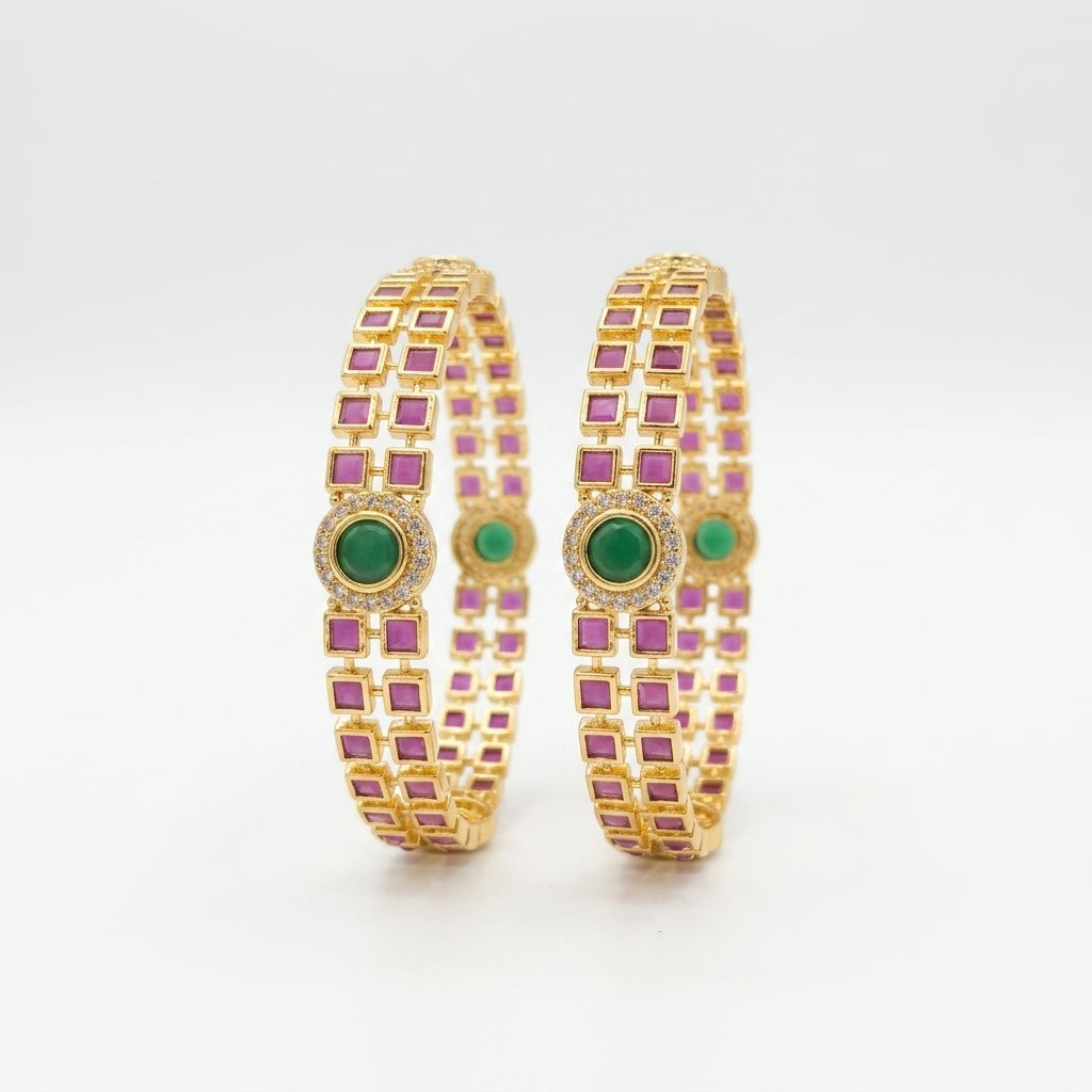 regal orbit ruby emerald gold plated designer bangles for women | american diamond bangle pair