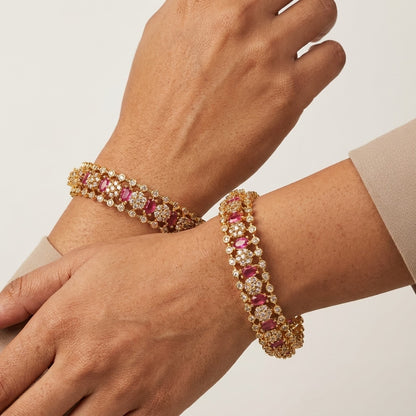 Roselle Crown Ruby Gold Plated American Diamond Bangles for Women | Premium Designer Bangle Pair