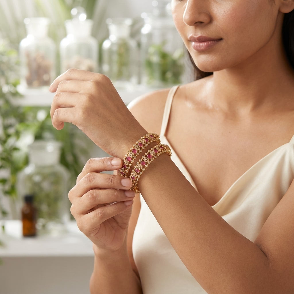 roselle crown ruby gold plated american diamond bangles for women | premium designer bangle pair