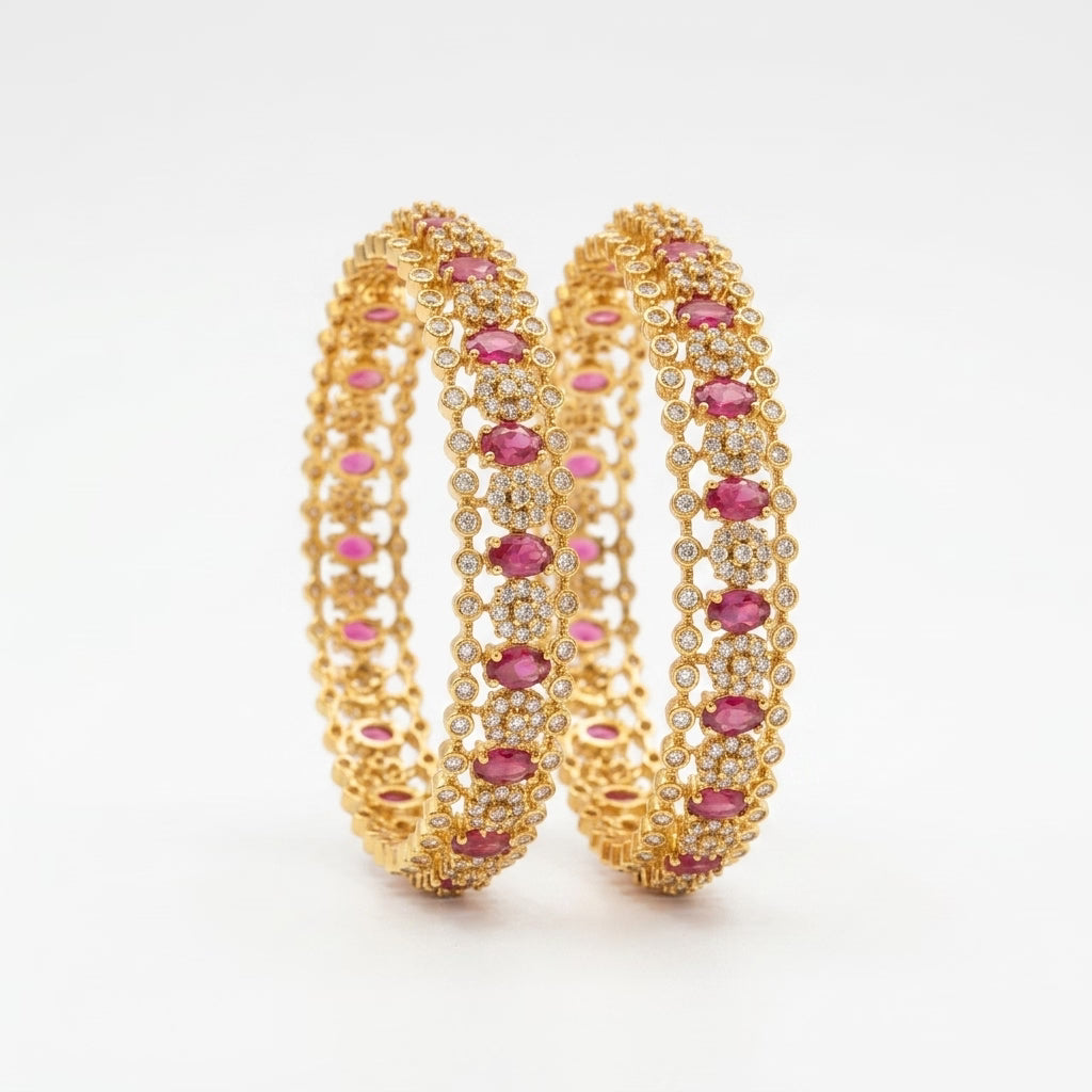 roselle crown ruby gold plated american diamond bangles for women | premium designer bangle pair