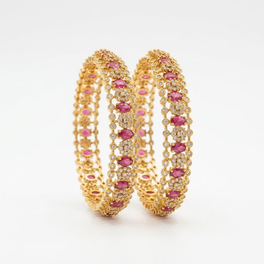 Roselle Crown Ruby Gold Plated American Diamond Bangles for Women | Premium Designer Bangle Pair
