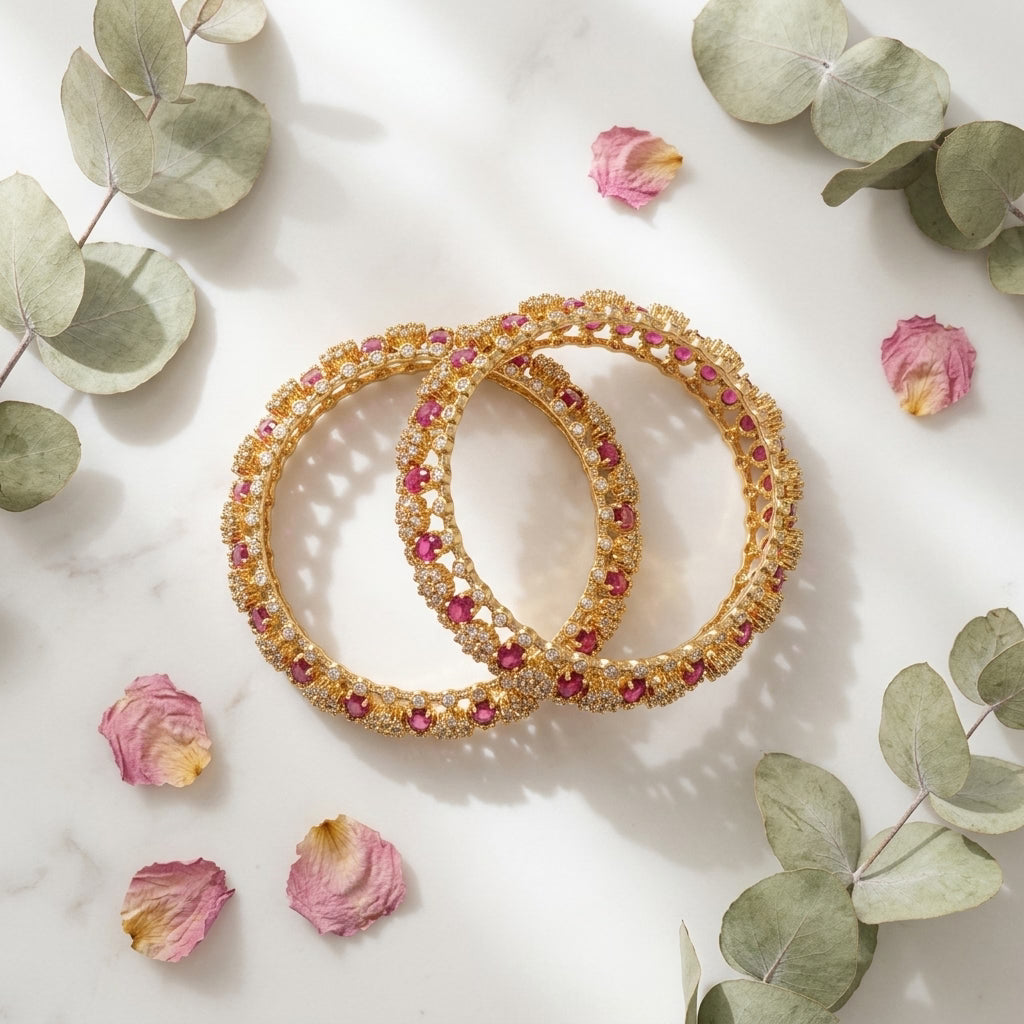 Roselle Crown Ruby Gold Plated American Diamond Bangles for Women | Premium Designer Bangle Pair