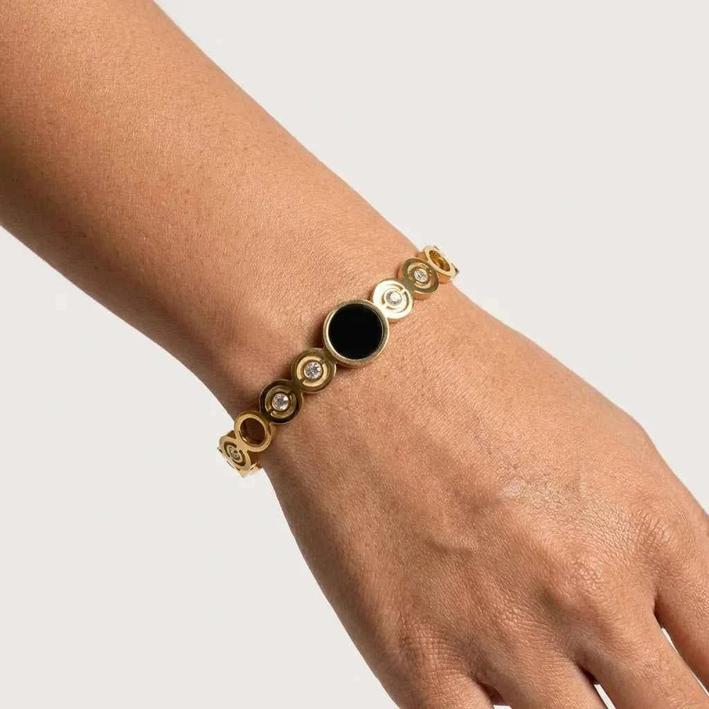 luxury black stone gold plated bracelet for women | premium crystal stainless steel bangle