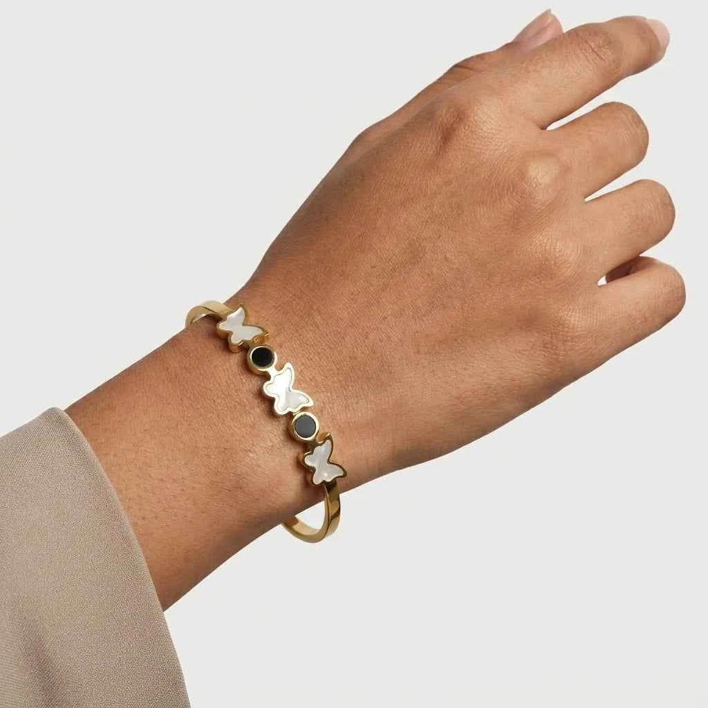 butterfly charm gold plated bracelet for women | premium designer stainless steel bangle