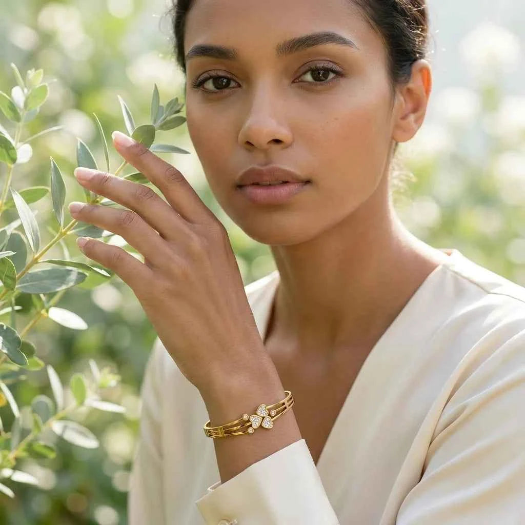 Crystal Clover Gold Plated Bracelet for Women | Premium Stainless Steel Designer Bangle