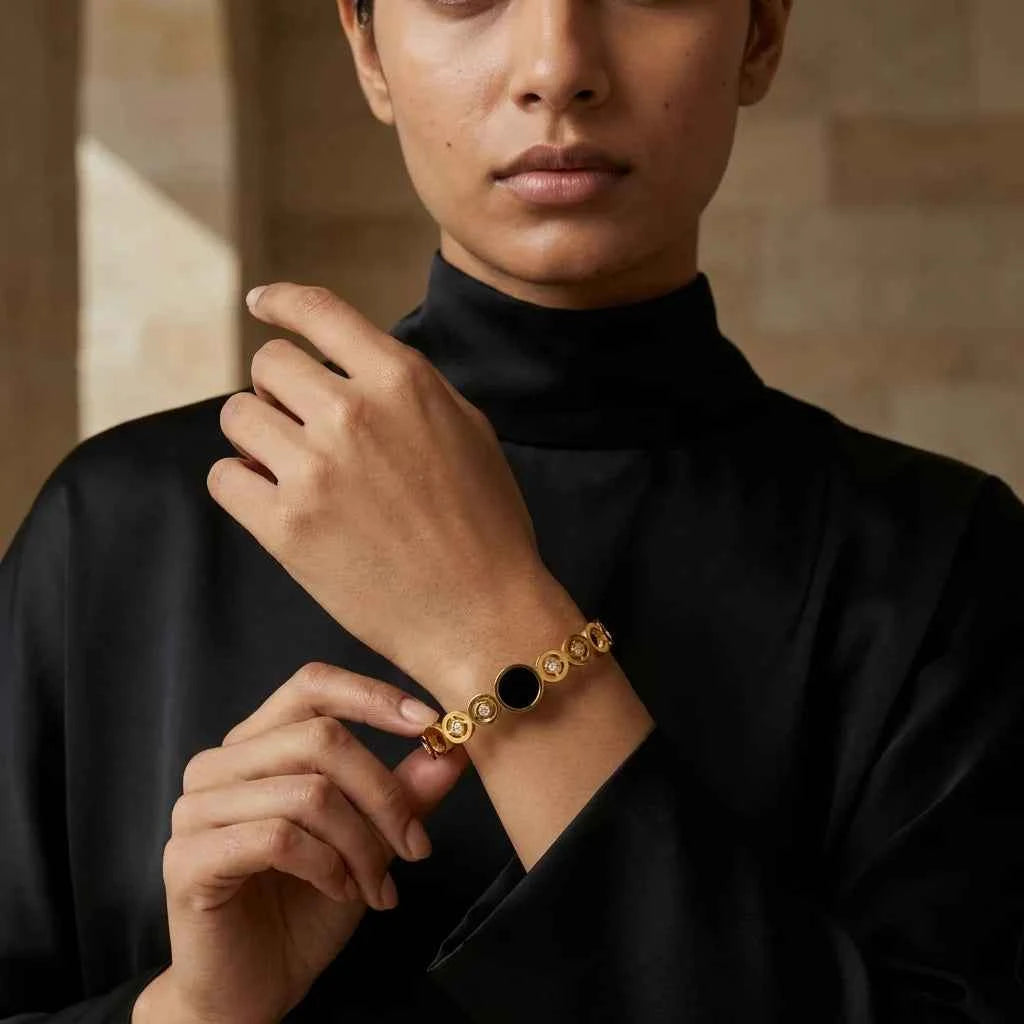 luxury black stone gold plated bracelet for women | premium crystal stainless steel bangle