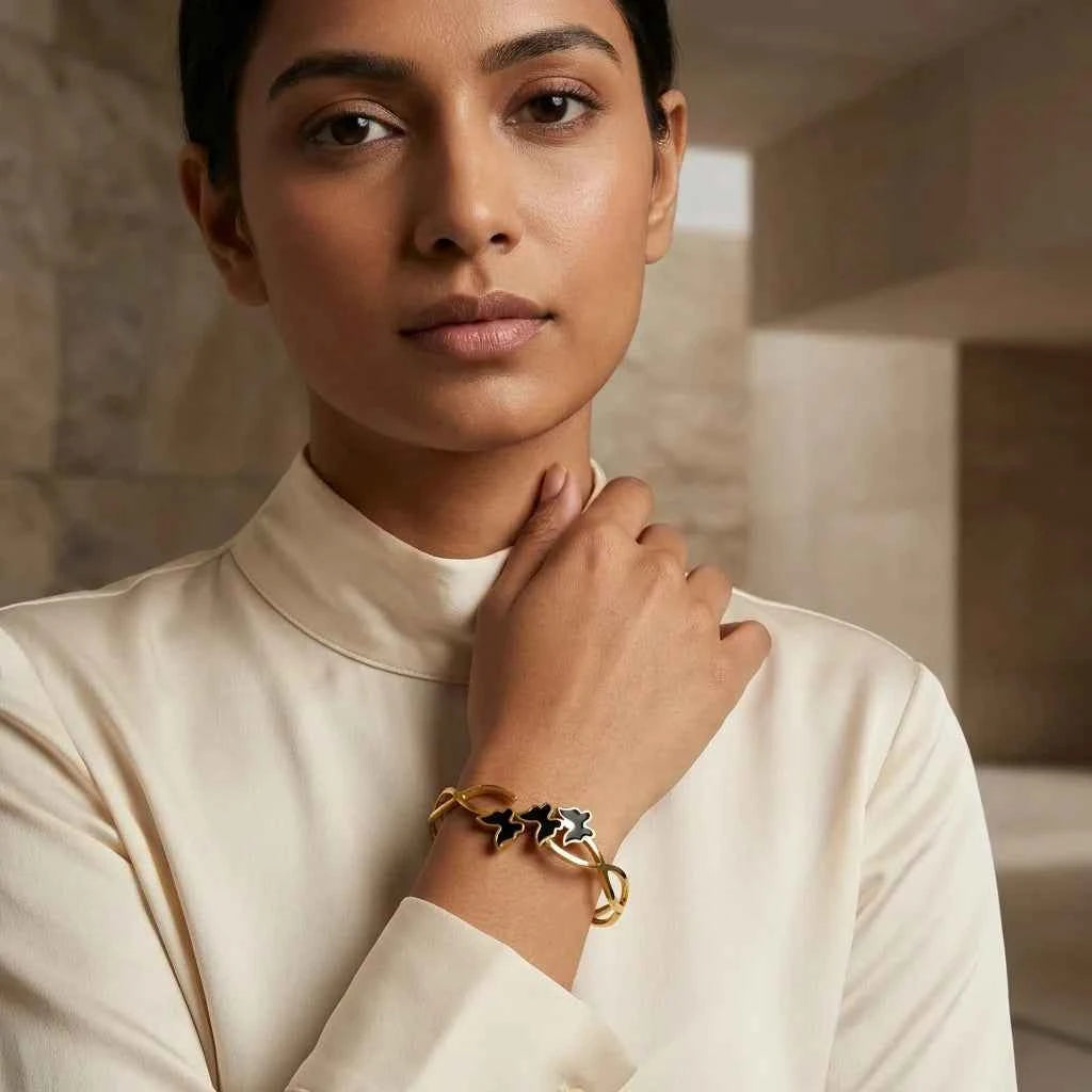 Black Butterfly Gold Plated Bracelet for Women | Premium Designer Stainless Steel Bangle