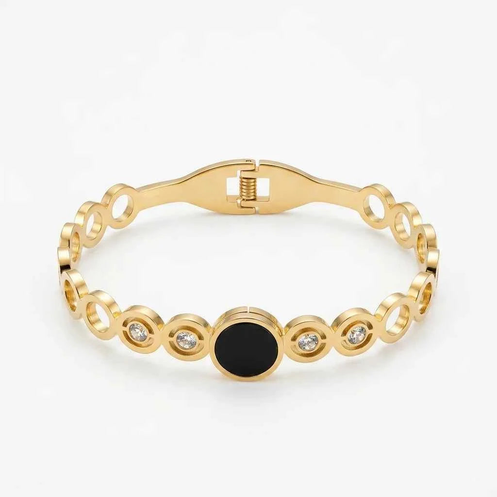 Luxury Black Stone Gold Plated Bracelet for Women | Premium Crystal Stainless Steel Bangle