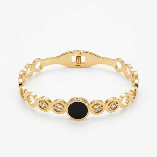 Luxury Black Stone Gold Plated Bracelet for Women | Premium Crystal Stainless Steel Bangle