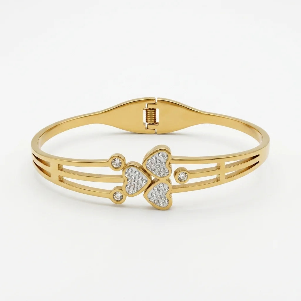 crystal clover gold plated bracelet for women | premium stainless steel designer bangle