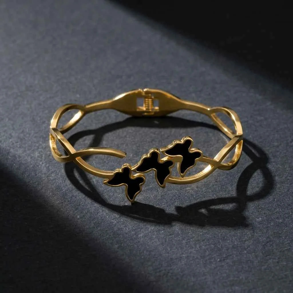 Black Butterfly Gold Plated Bracelet for Women | Premium Designer Stainless Steel Bangle