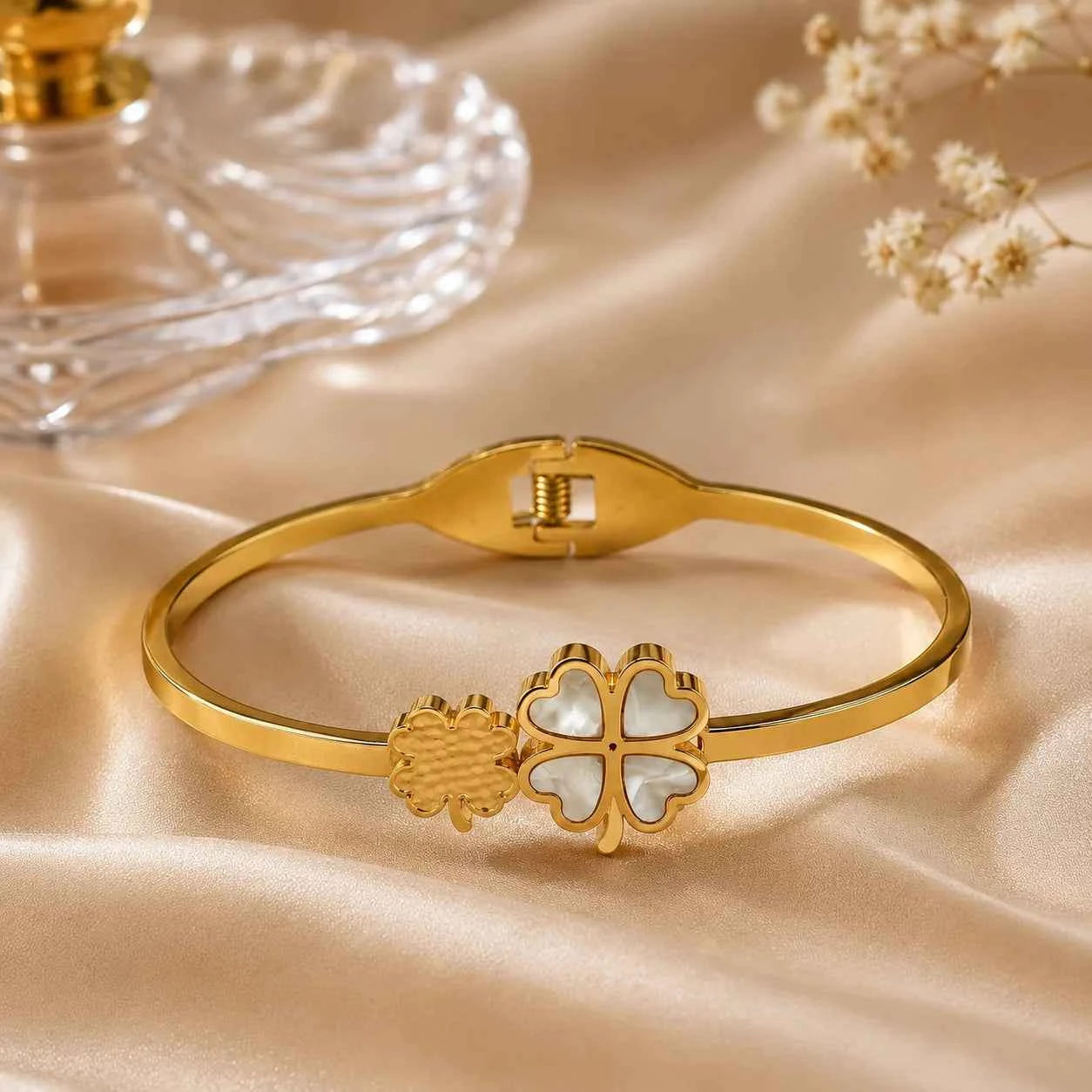 lucky clover gold plated bracelet for women | premium stainless steel charm bangle