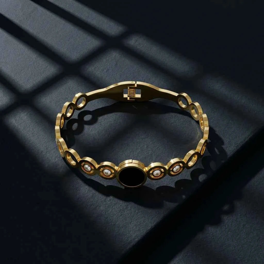 Luxury Black Stone Gold Plated Bracelet for Women | Premium Crystal Stainless Steel Bangle