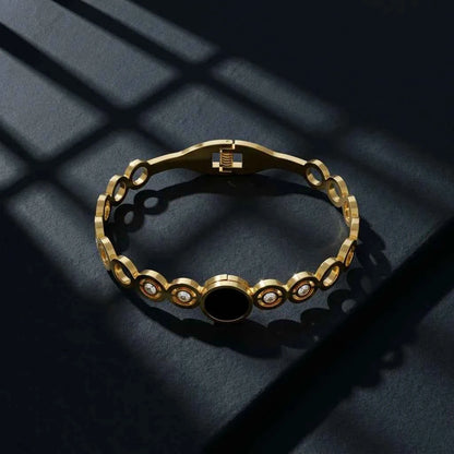Luxury Black Stone Gold Plated Bracelet for Women | Premium Crystal Stainless Steel Bangle