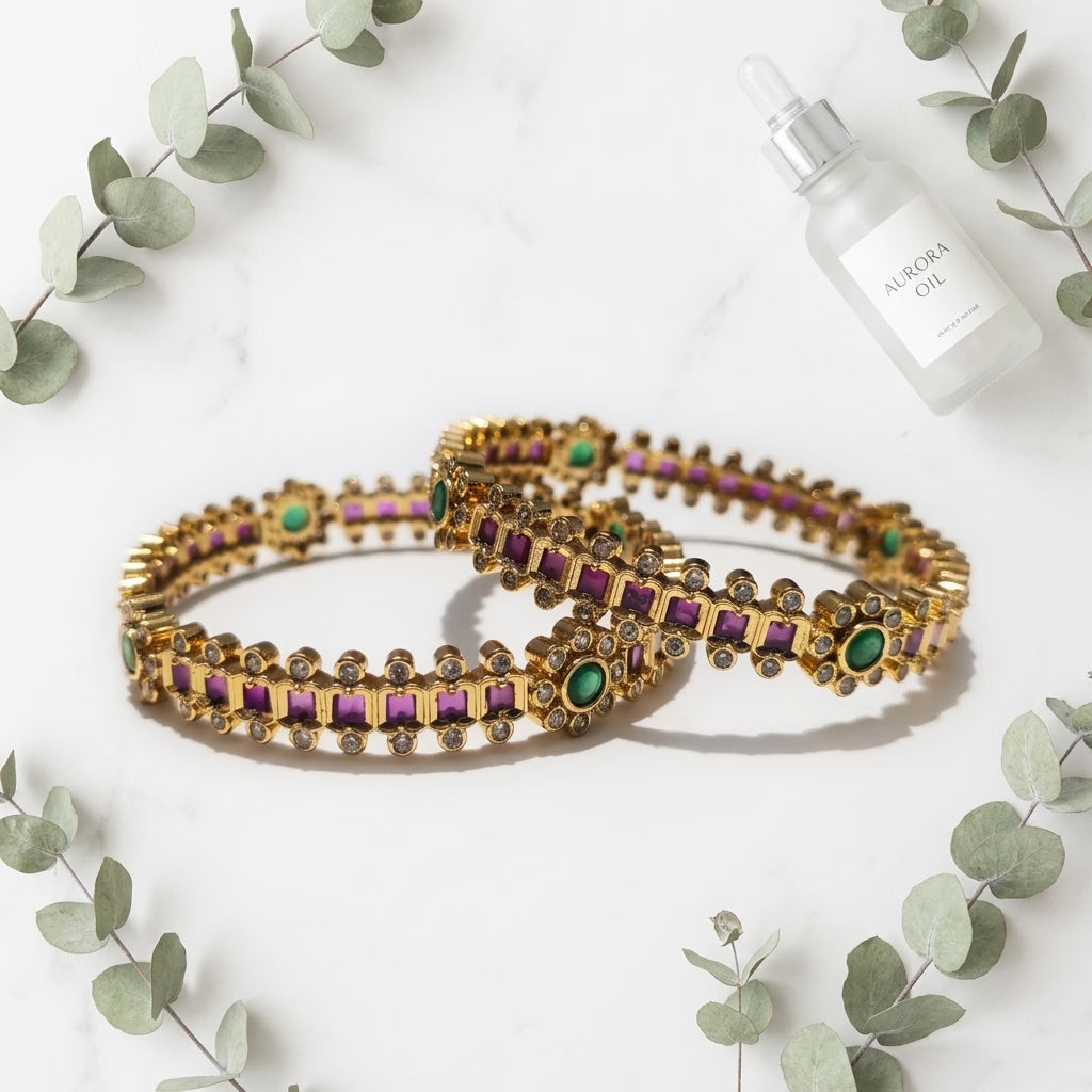 royal bloom ruby green gold plated bangles for women | american diamond designer bangle pair