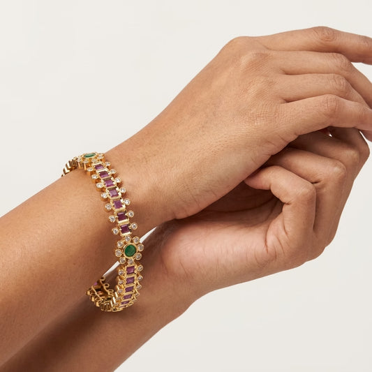 Royal Bloom Ruby Green Gold Plated Bangles for Women | American Diamond Designer Bangle Pair