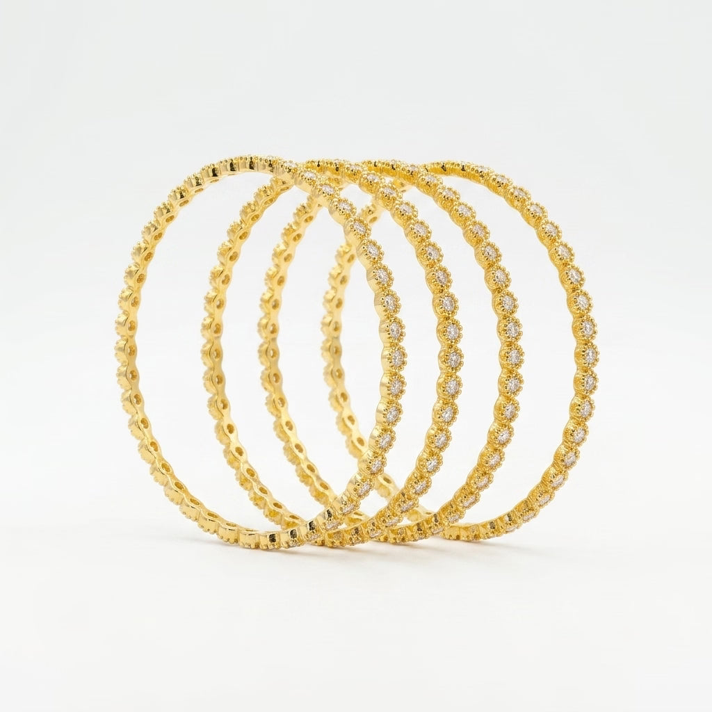 royal halo gold plated american diamond slim bangles set for women | 4 piece designer stackable bangles