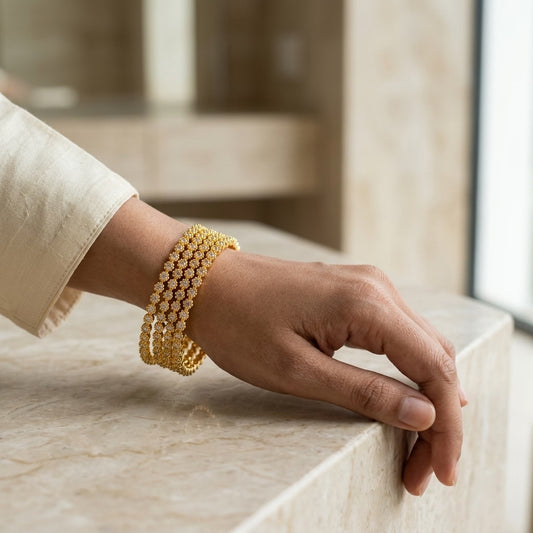 Royal Halo Gold Plated American Diamond Slim Bangles Set for Women | 4 Piece Designer Stackable Bangles