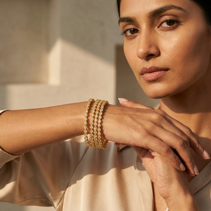Royal Halo Gold Plated American Diamond Slim Bangles Set for Women | 4 Piece Designer Stackable Bangles