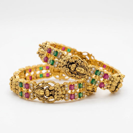 Royal Lakshmi Temple Gold Finish CZ Bangles for Women, Pair
