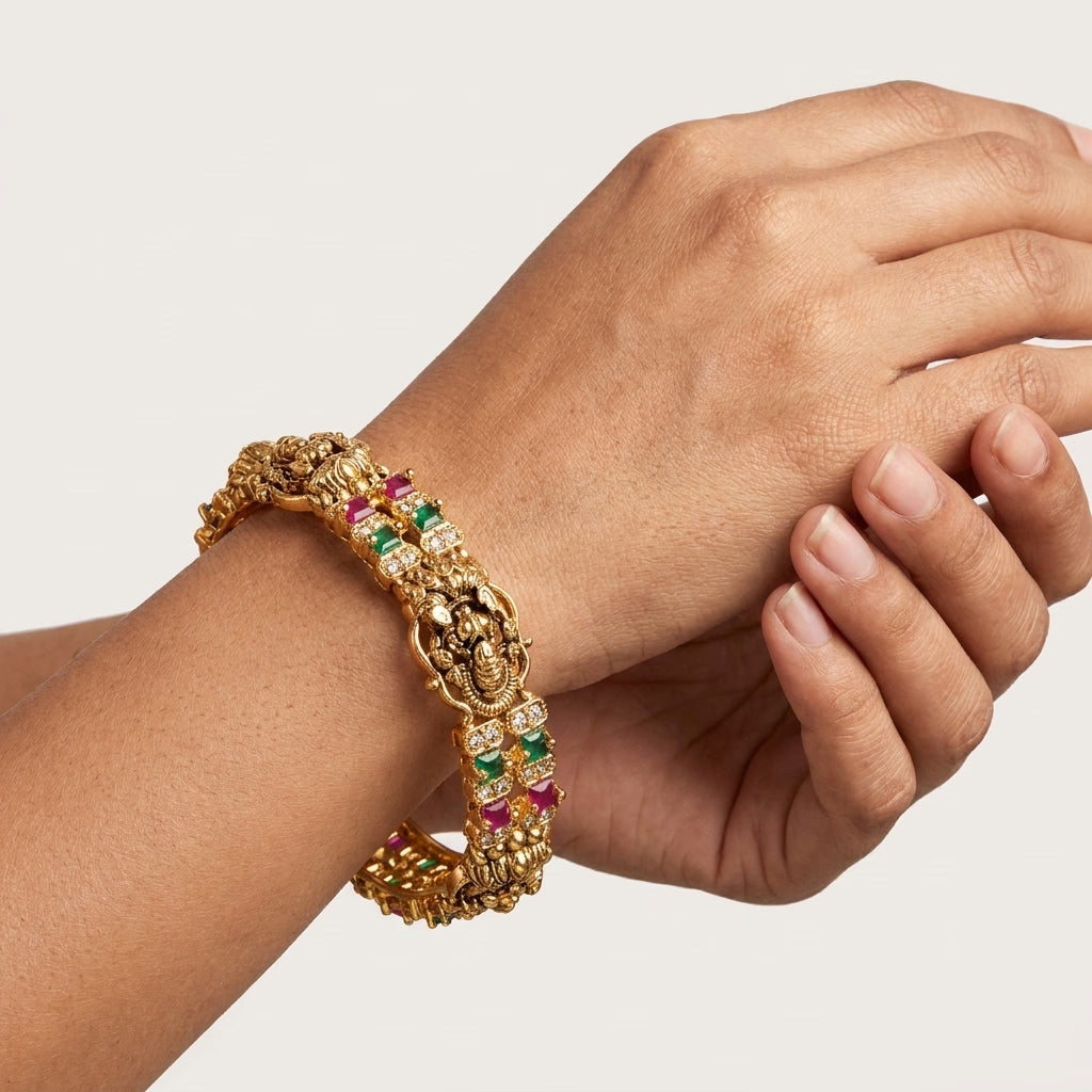 Royal Lakshmi Temple Gold Finish CZ Bangles for Women, Pair