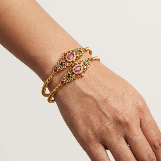 Ruby Green American Diamond Gold Plated Bangles for Women | Designer Traditional Bangle Pair