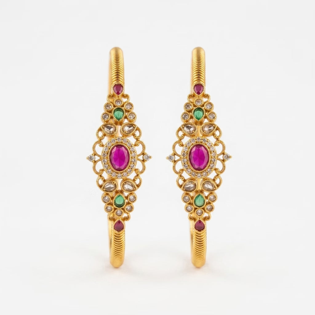 ruby green american diamond gold plated bangles for women | designer traditional bangle pair