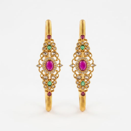 Ruby Green American Diamond Gold Plated Bangles for Women | Designer Traditional Bangle Pair