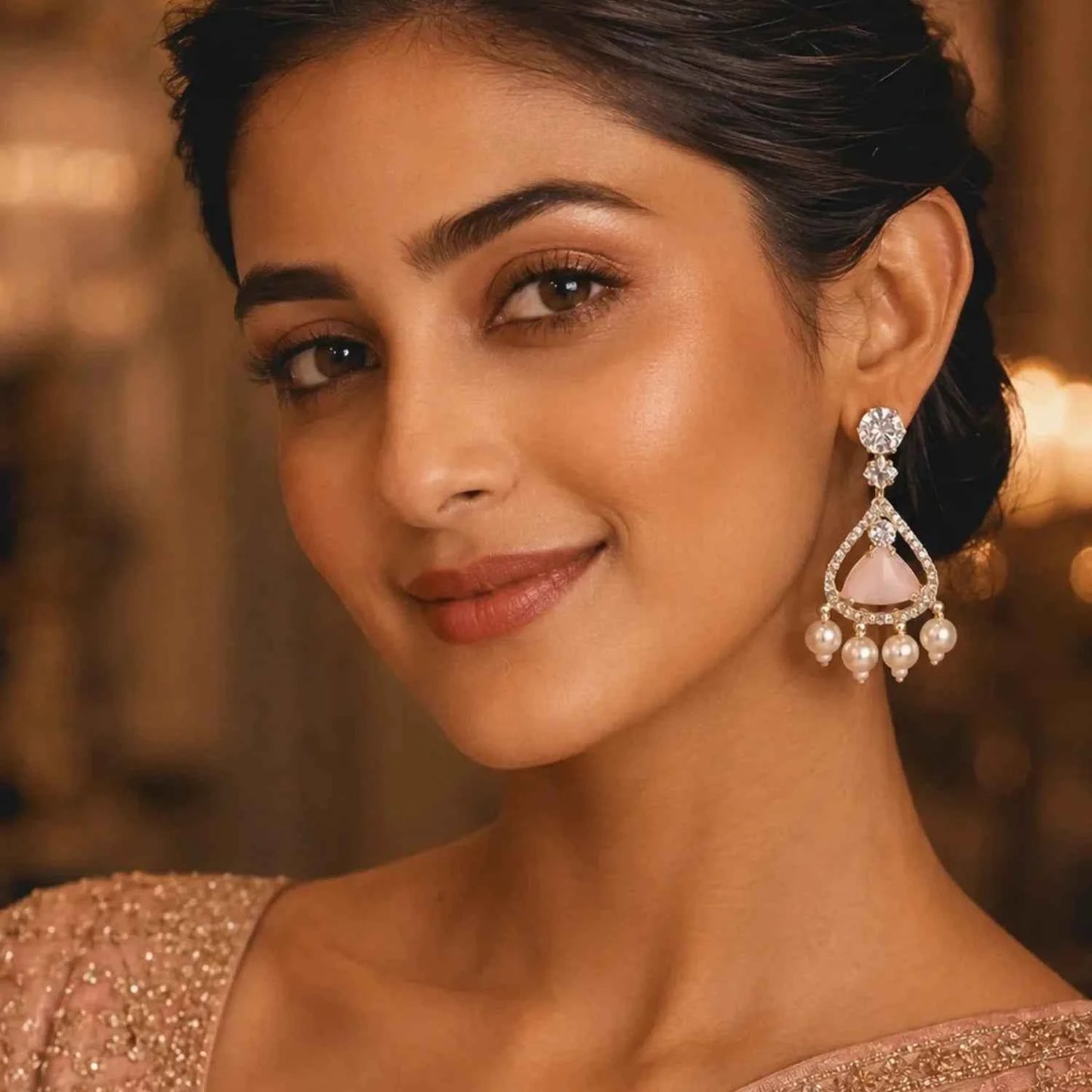 blush pink stone pearl drop earrings for women | american diamond designer earrings - gehna official