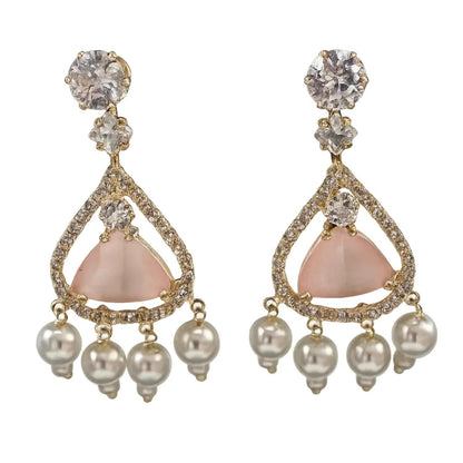 Blush Pink Stone Pearl Drop Earrings for Women | American Diamond Designer Earrings - GEHNA OFFICIAL