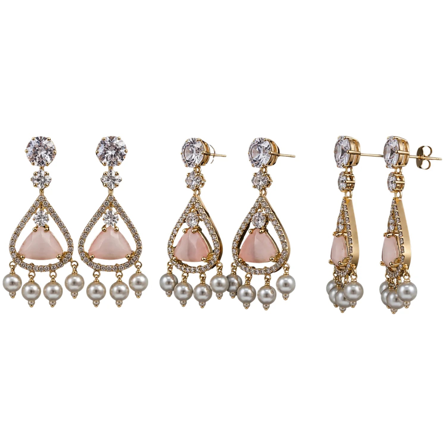 Blush Pink Stone Pearl Drop Earrings for Women | American Diamond Designer Earrings - GEHNA OFFICIAL