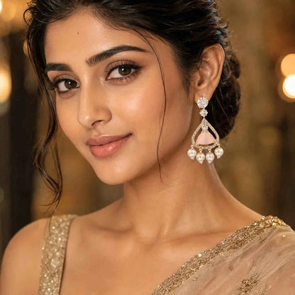 Blush Pink Stone Pearl Drop Earrings for Women | American Diamond Designer Earrings - GEHNA OFFICIAL