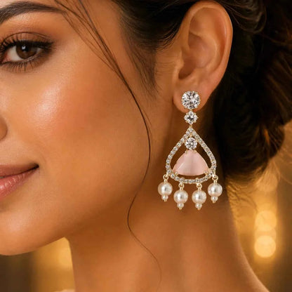 Blush Pink Stone Pearl Drop Earrings for Women | American Diamond Designer Earrings - GEHNA OFFICIAL
