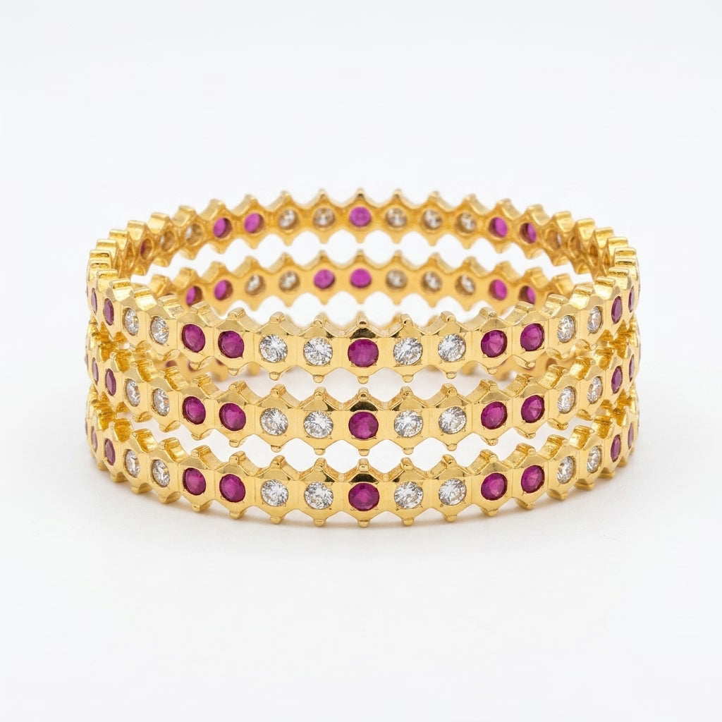 ruby radiance gold plated american diamond bangles set for women | 4 piece designer bangle set