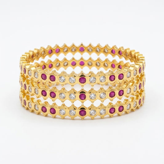 Ruby Radiance Gold Plated American Diamond Bangles Set for Women | 4 Piece Designer Bangle Set
