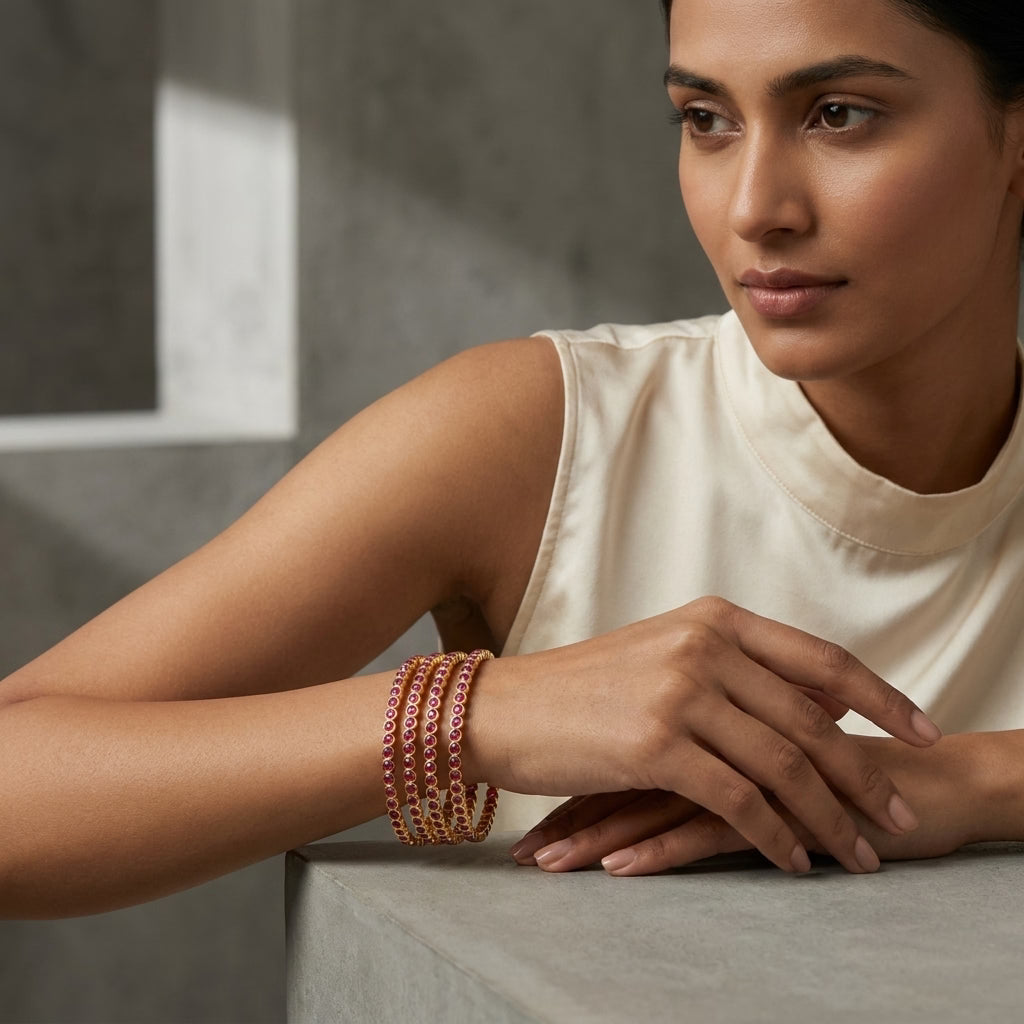 Ruby Radiance Gold Plated Ruby Stone Slim Bangles Set for Women | 4 Piece Designer Stackable Bangles