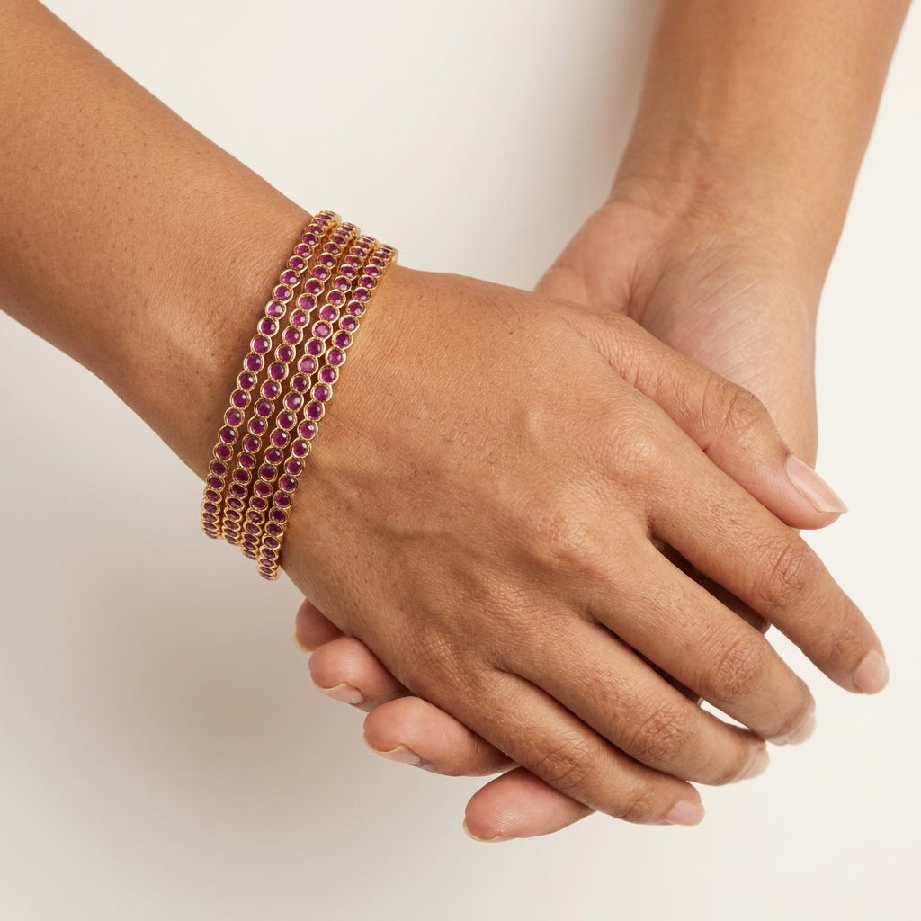 ruby radiance gold plated ruby stone slim bangles set for women | 4 piece designer stackable bangles