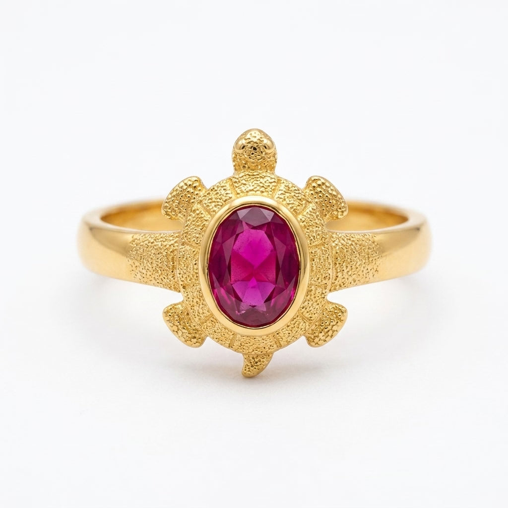 ruby stone turtle gold plated ring for women | designer ring