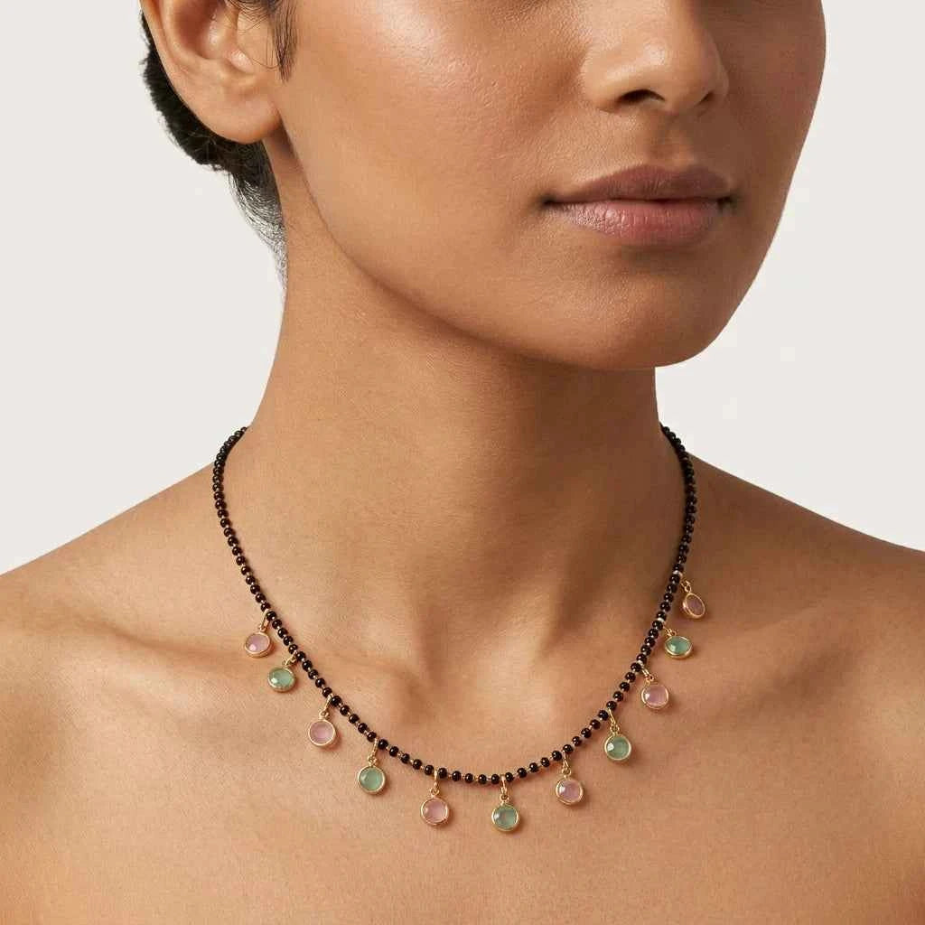 pastel stone short lacha mangalsutra necklace for women | gold plated black bead designer mangalsutra