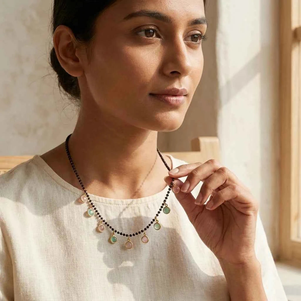 pastel stone short lacha mangalsutra necklace for women | gold plated black bead designer mangalsutra