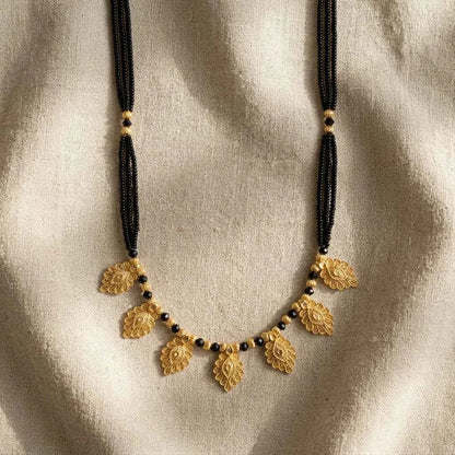 Gold Plated Leaf Design Short Mangalsutra for Women | Traditional Black Bead Designer Necklace