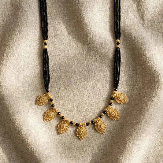 Gold Plated Leaf Design Short Mangalsutra for Women | Traditional Black Bead Designer Necklace