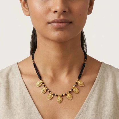 Gold Plated Leaf Design Short Mangalsutra for Women | Traditional Black Bead Designer Necklace
