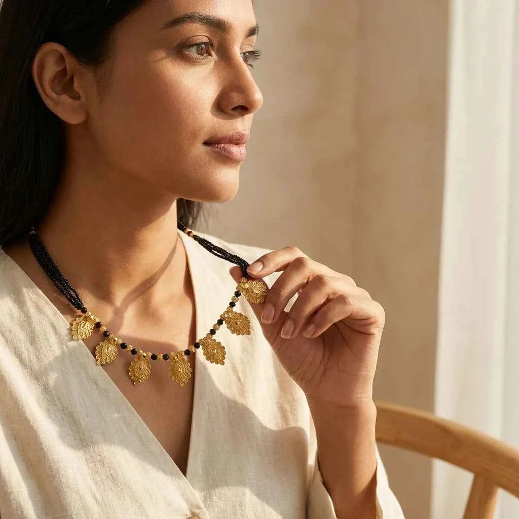 Gold Plated Leaf Design Short Mangalsutra for Women | Traditional Black Bead Designer Necklace