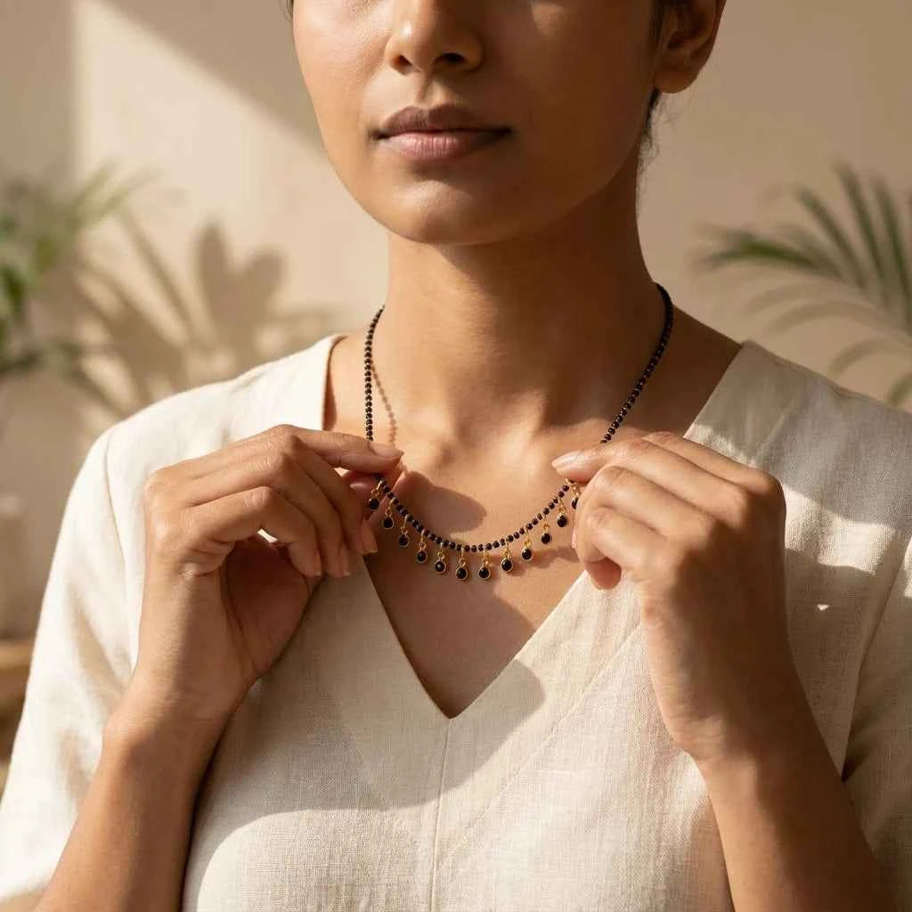 Black Stone Short Lacha Mangalsutra Necklace for Women | Gold Plated Black Bead Designer Mangalsutra